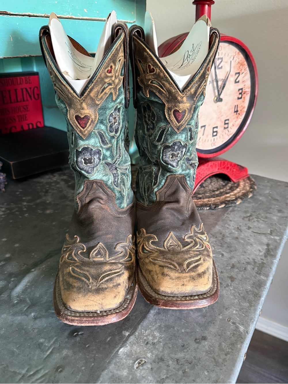 Dan Post Floral Western Cowgirl Boots - Teal & Brown